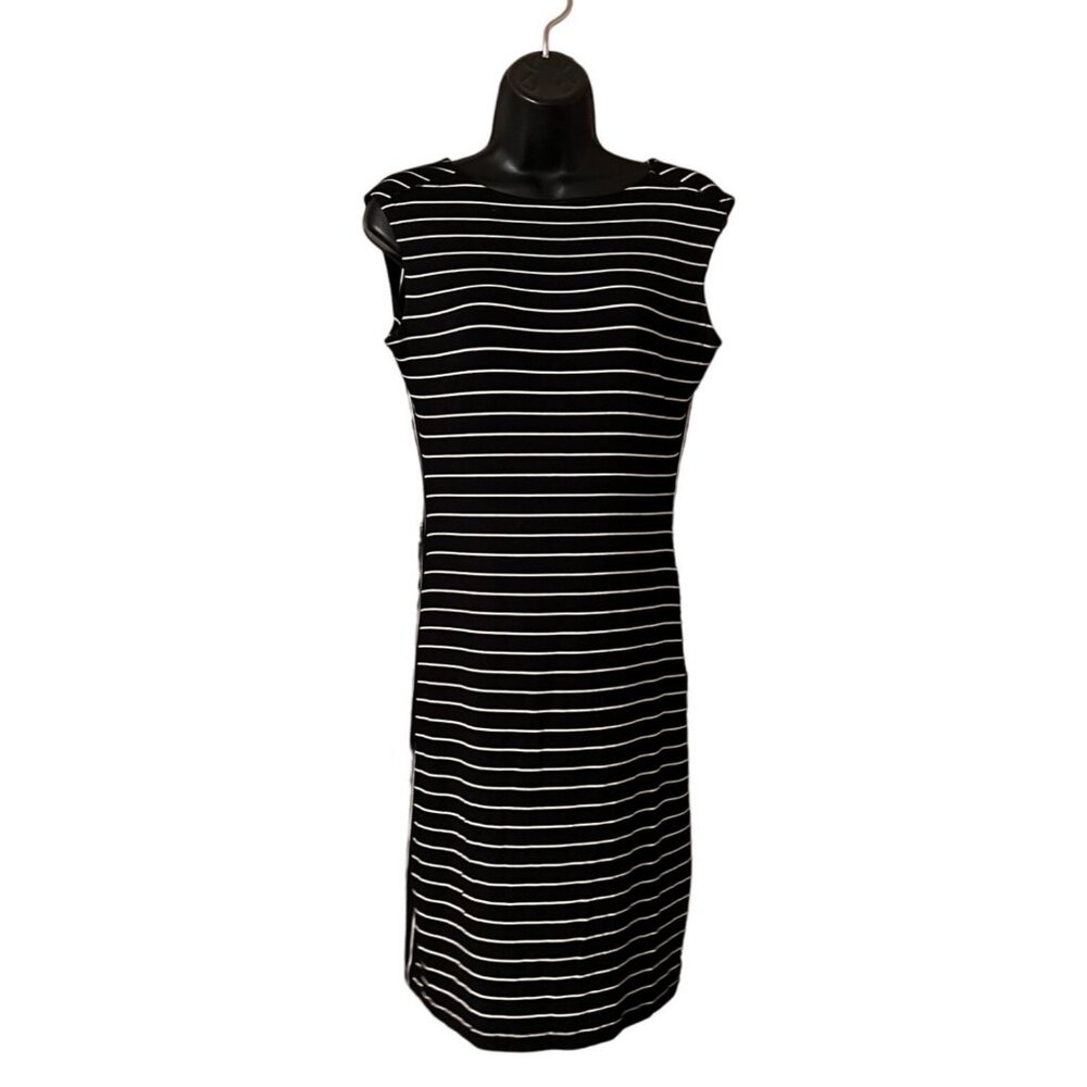 Calvin Klein women's mid-length black dress / white stripes, cap sleeves, size 4